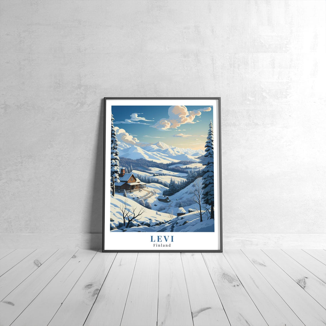 Levi Finland Snowy Ski Resort Cabin Winter Scene Vintage Travel Poster