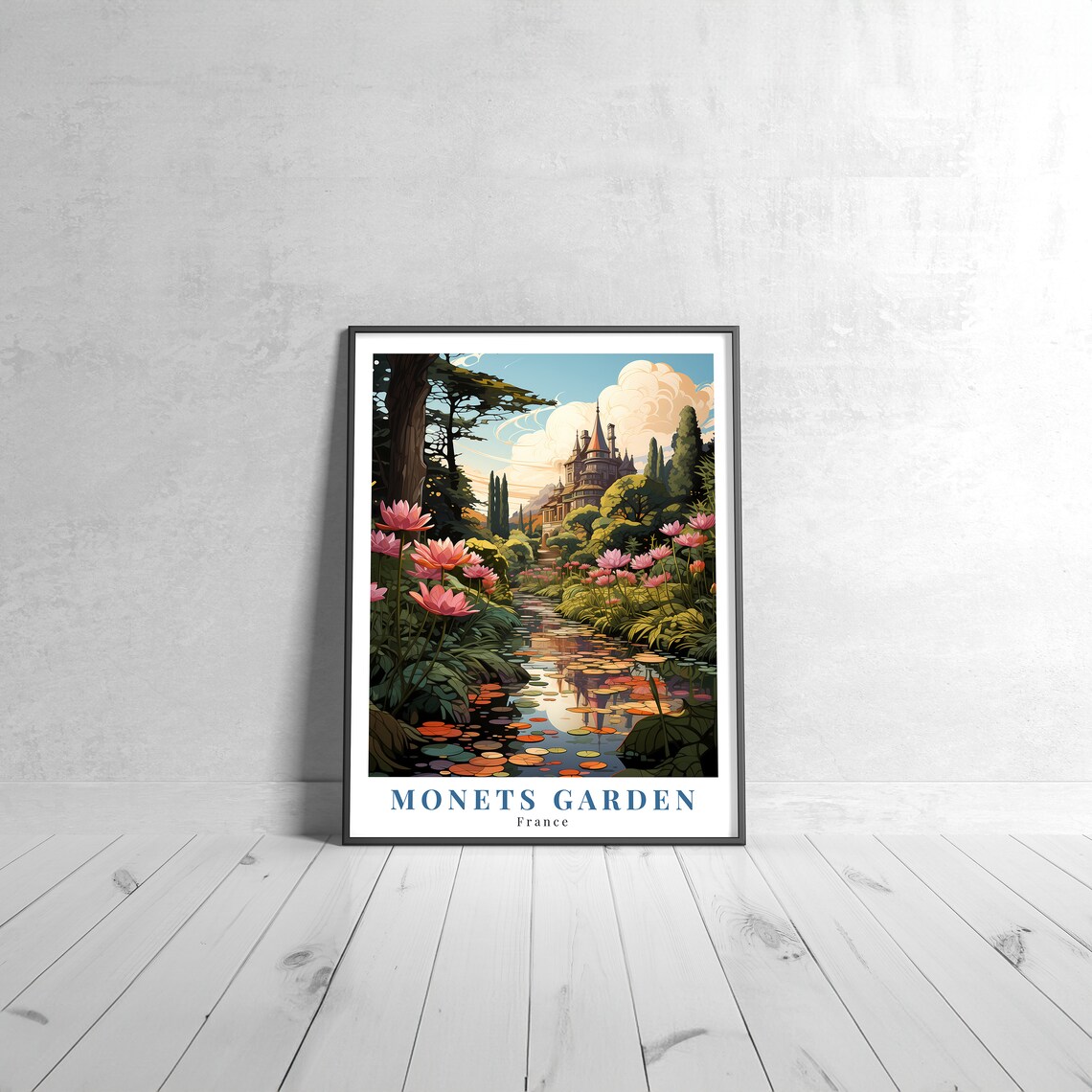 Monets Garden France Vintage Retro Travel Poster Water Lilies Blooms