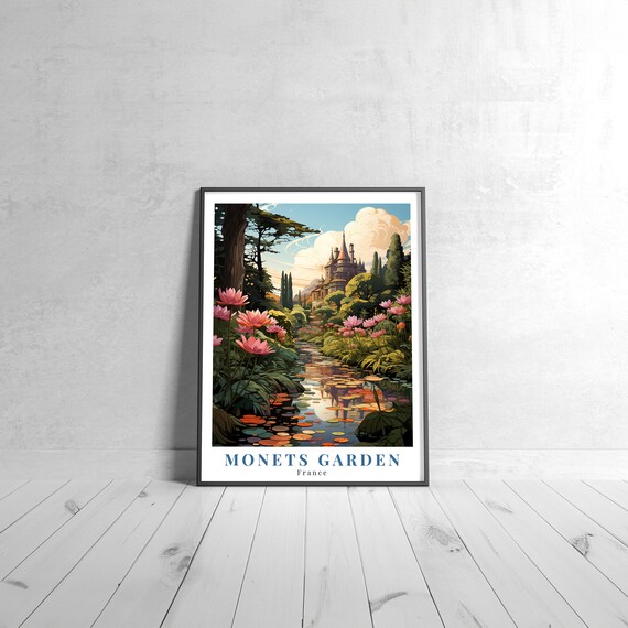 Monets Garden France Vintage Retro Travel Poster Water Lilies Blooms