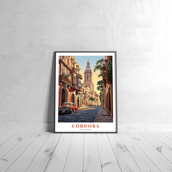 Cordoba Argentina Colonial Street Red Vintage Car Travel Poster