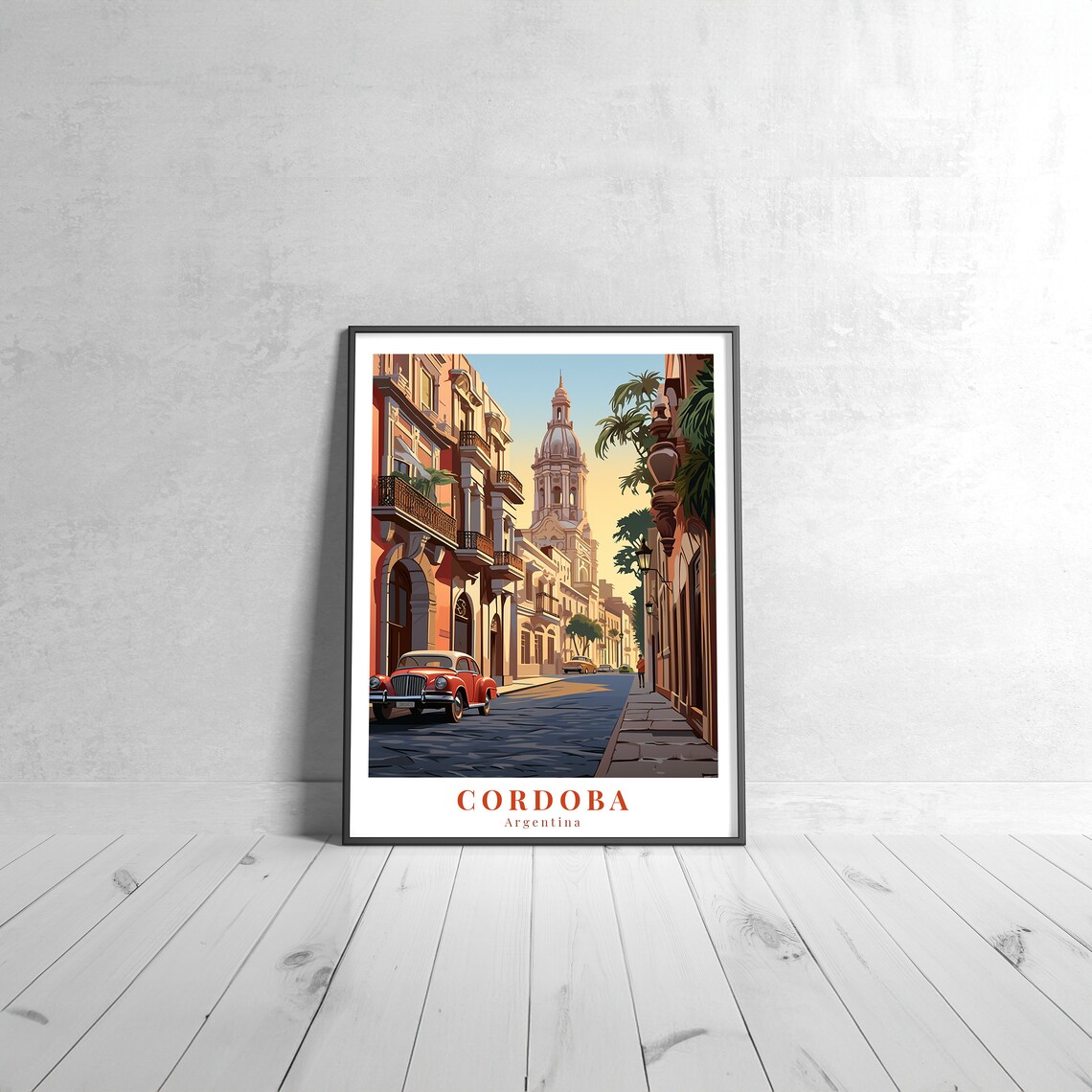 Cordoba Argentina Colonial Street Red Vintage Car Travel Poster