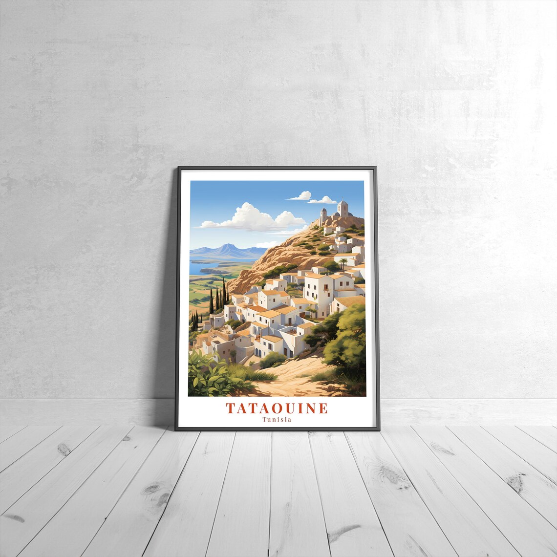 Tataouine Tunisia Whitewashed Hillside Village Vintage Travel Poster