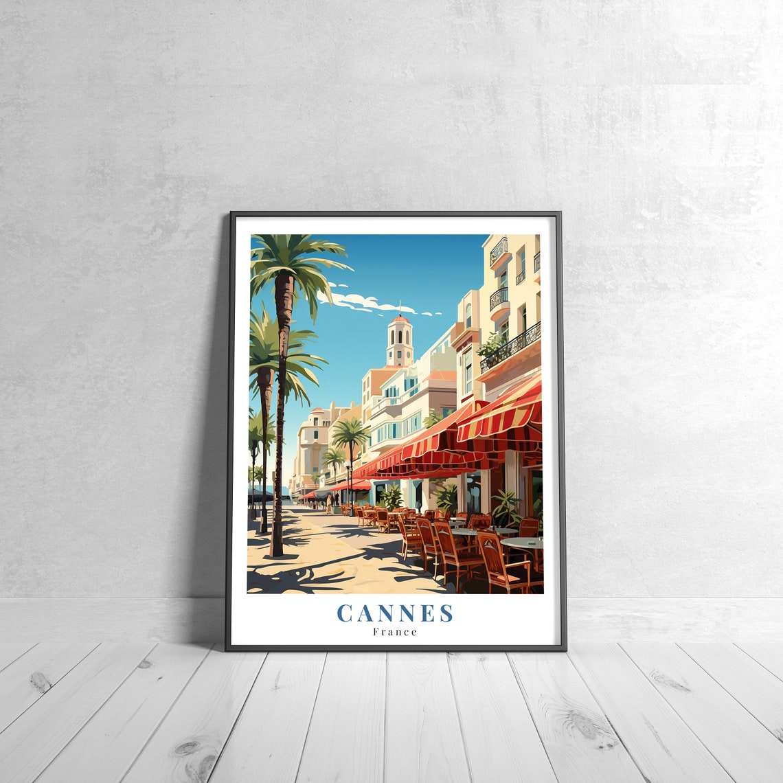 Cannes France Vintage Riviera Travel Poster Palm Boulevard Cafes