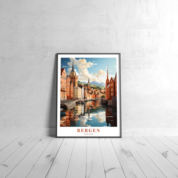 Bergen Vintage Travel Poster Retro Norway Art Print Colorful Home Decor Wall Unique Gift