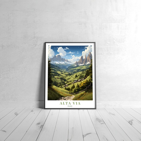 Alta Via Italy Dolomite Peaks Alpine Valley Vintage Travel Poster