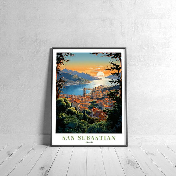 San Sebastian Spain Sunset Bay Vintage Travel Poster Coastal City