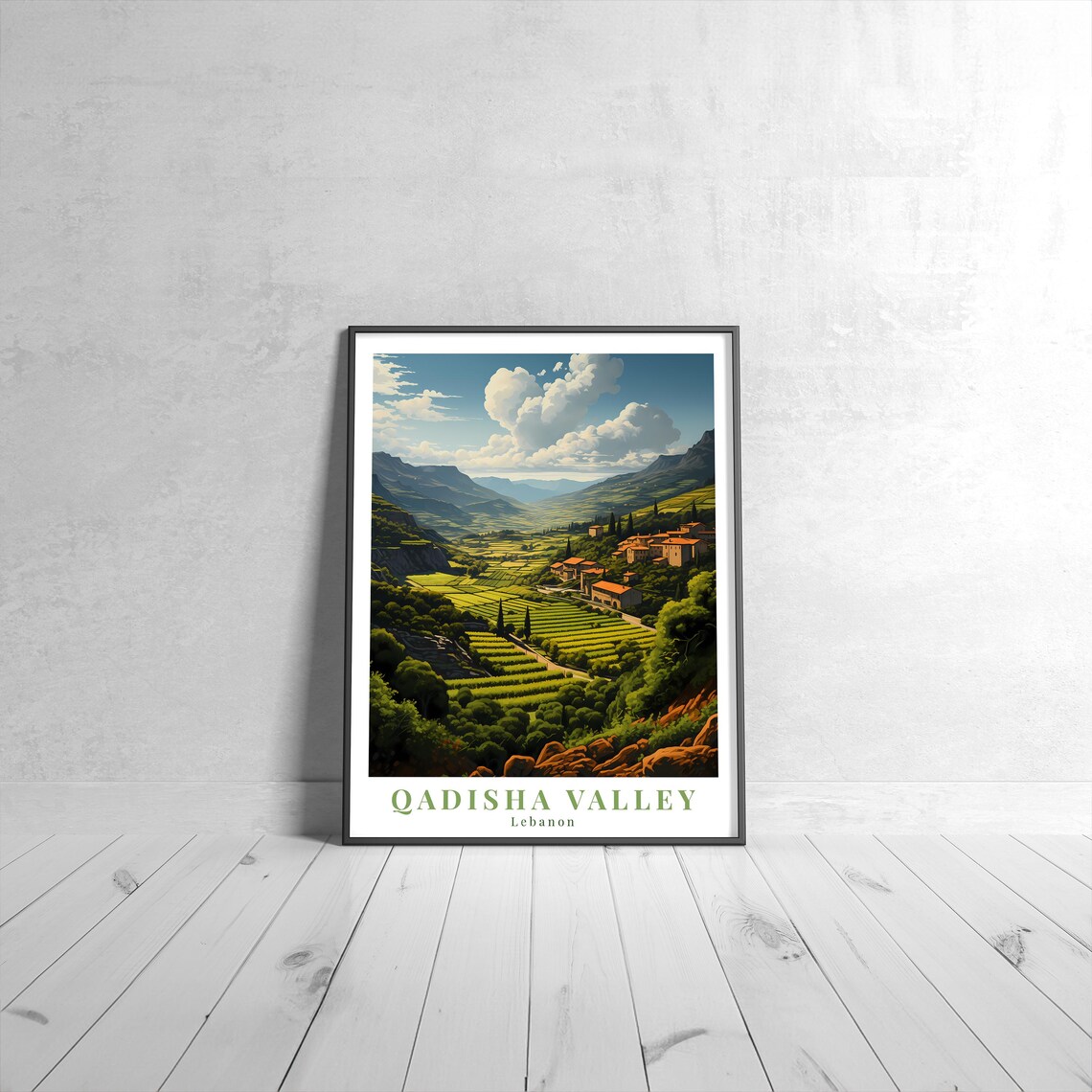 Qadisha Valley Lebanon Lush Terraced Hills Vintage Travel Poster