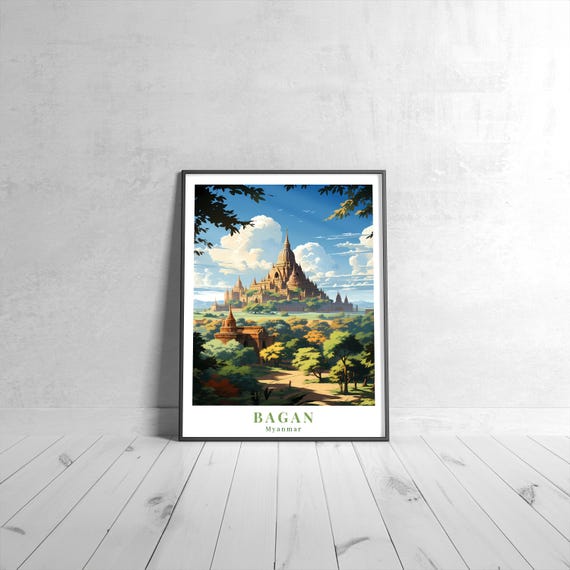 Bagan Vintage Travel Poster Retro Myanmar Art Print Colorful Home Decor Wall Unique Gift
