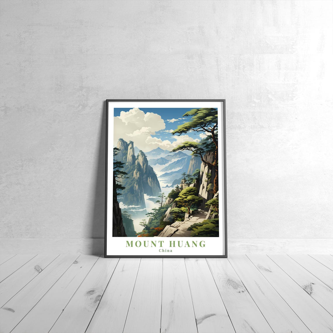 Mount Huang China Misty Peaks Pine Trees Vintage Travel Poster