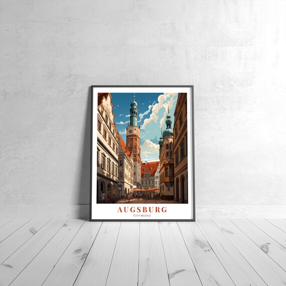 Augsburg Germany Old Town Street Towers Vintage Travel Poster