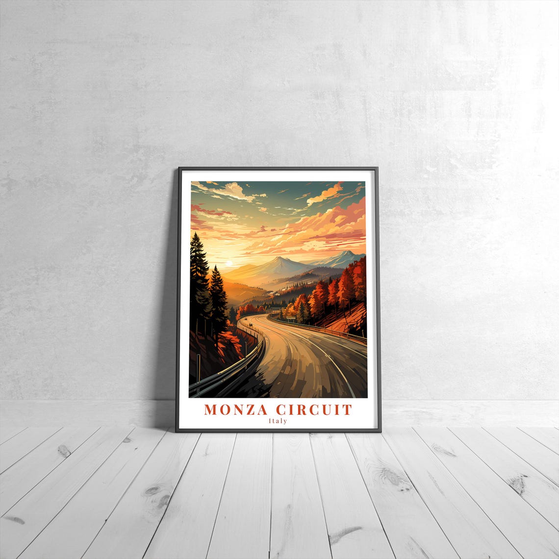 Monza Circuit Italy Vintage Travel Poster Winding Mountain Road Sunset
