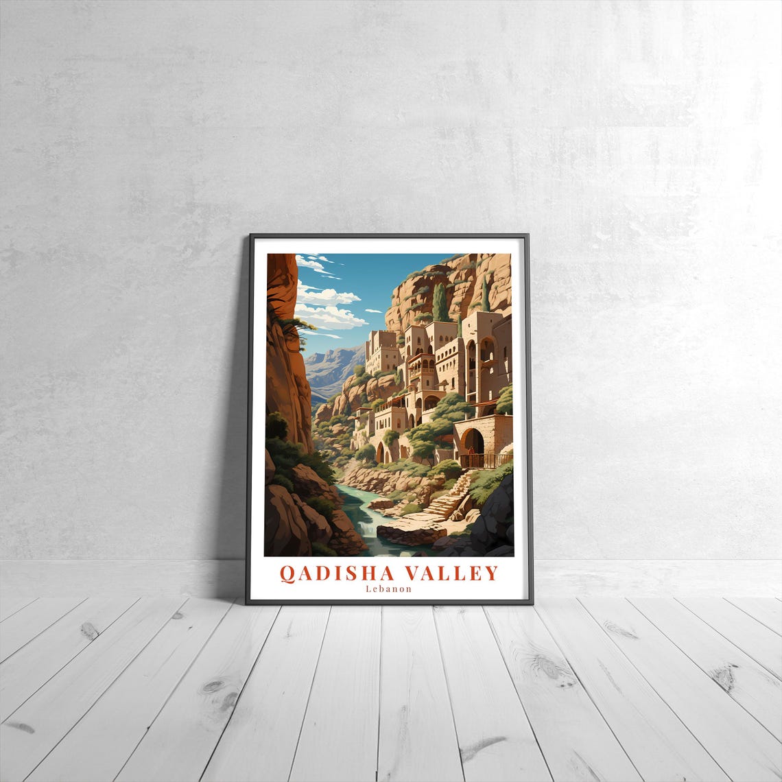 Qadisha Valley Lebanon Cliff Monastery Vintage Travel Poster