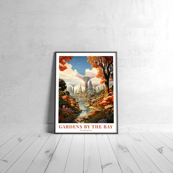 Gardens By The Bay Vintage Travel Poster Retro Singapore Art Print Colorful Home Decor Wall Unique Gift