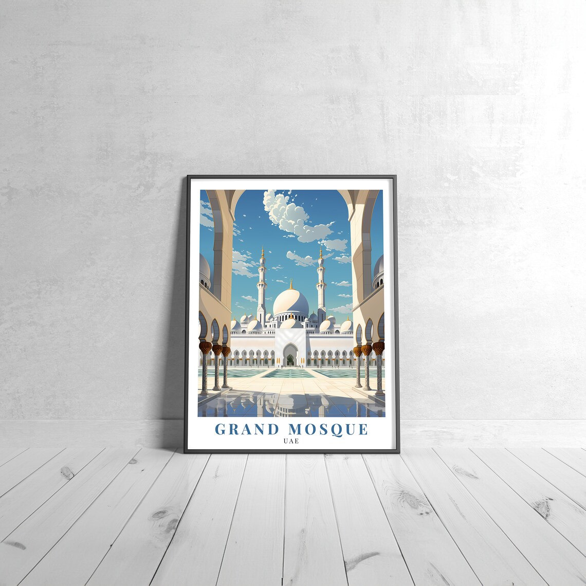 Grand Mosque UAE Vintage Travel Poster Islamic Architecture Blue Sky