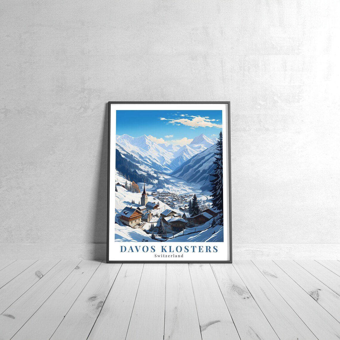 Davos Klosters Switzerland Vintage Travel Poster Snowy Alpine Village Art