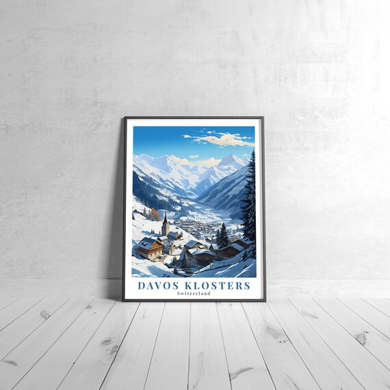 Davos Klosters Switzerland Vintage Travel Poster Snowy Alpine Village Art