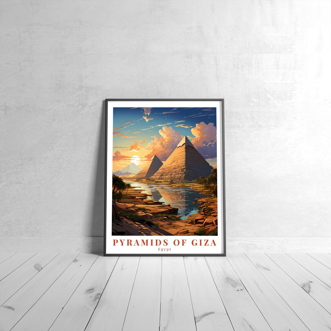 Pyramids Of Giza Egypt Sunset Desert River Vintage Travel Poster