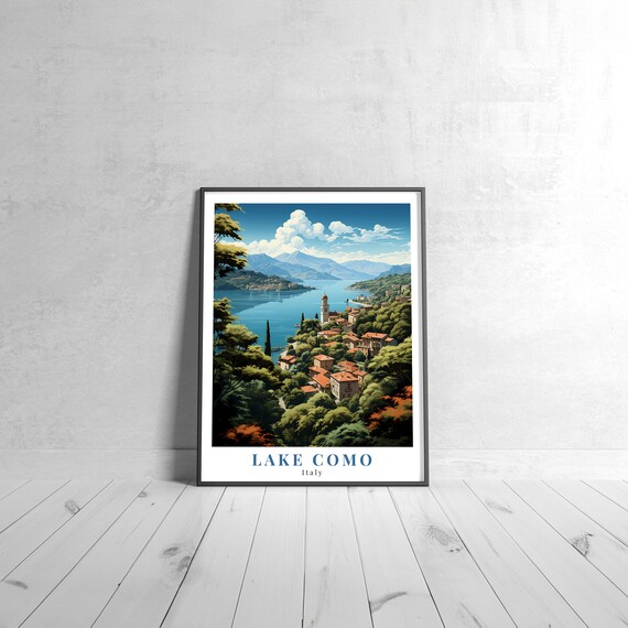 Lake Como Italy Vintage Travel Poster Lakeside Village Bell Tower