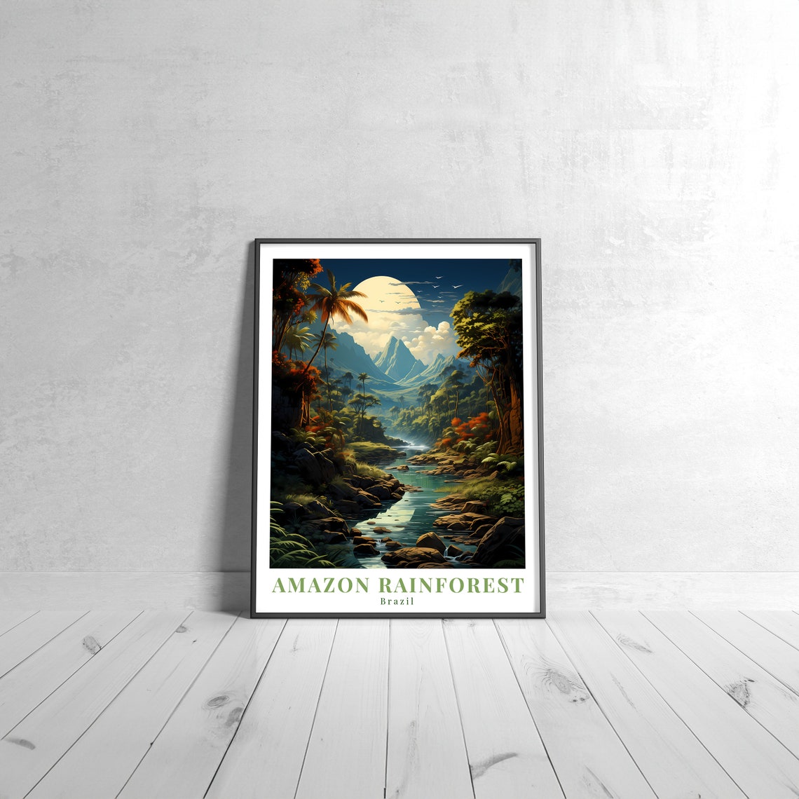 Amazon Rainforest Brazil Moonlit Jungle River Vintage Travel Poster