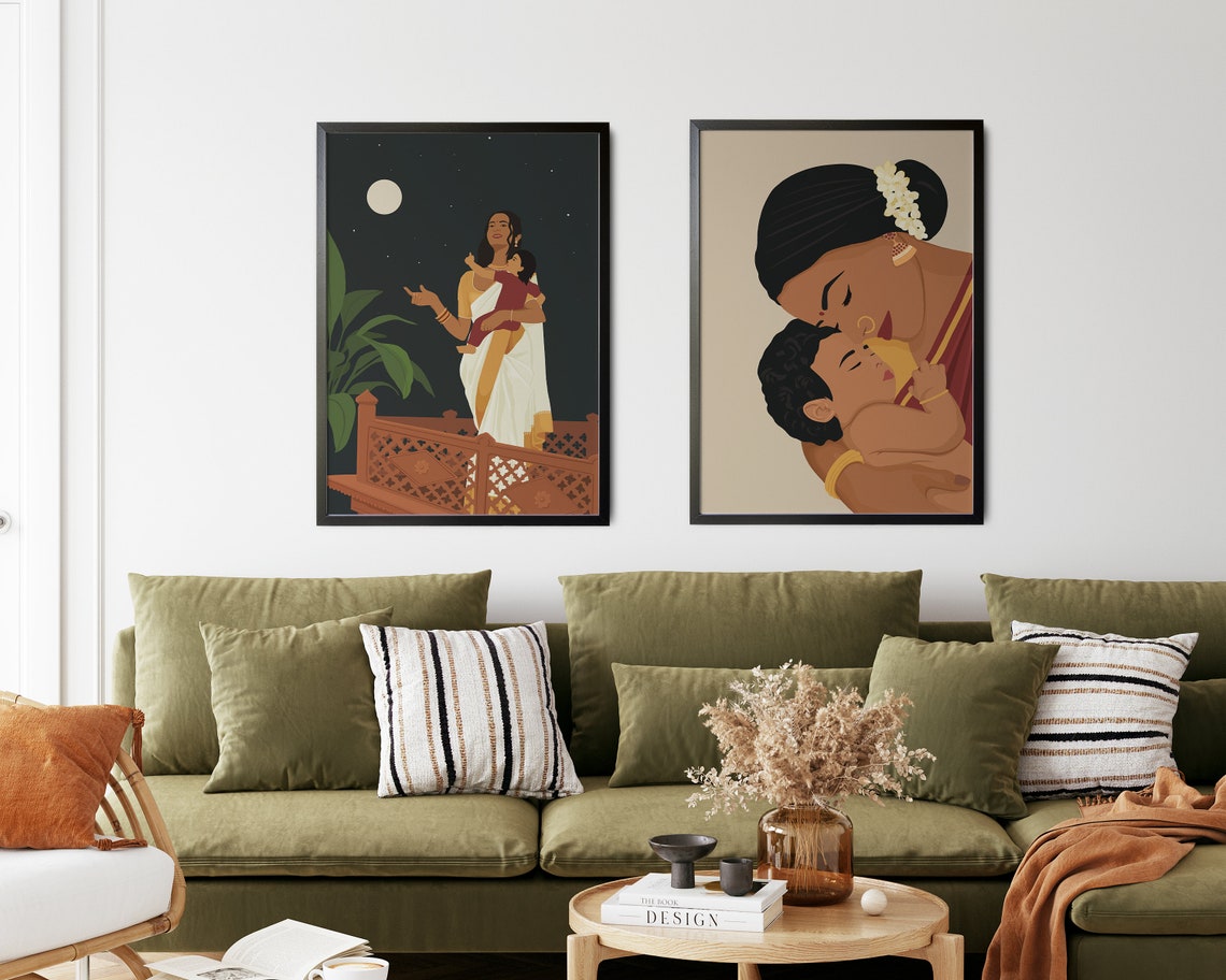 Mother Child Art Print Motherhood Poster South Asian Art Indian Art South Indian Art Indian Mom Gift Idea Desi Art Mothers Day Gift - Image 2