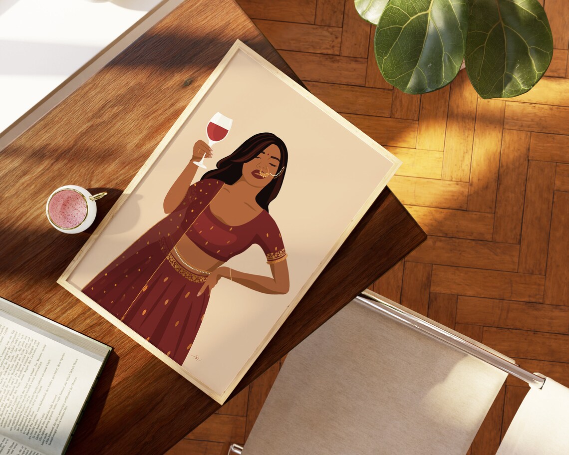 Modern Indian Woman Drinking Art Desi Art Indian Wall Art South Asian Art Partying Art Brown Girl South Asian Prints - Image 2