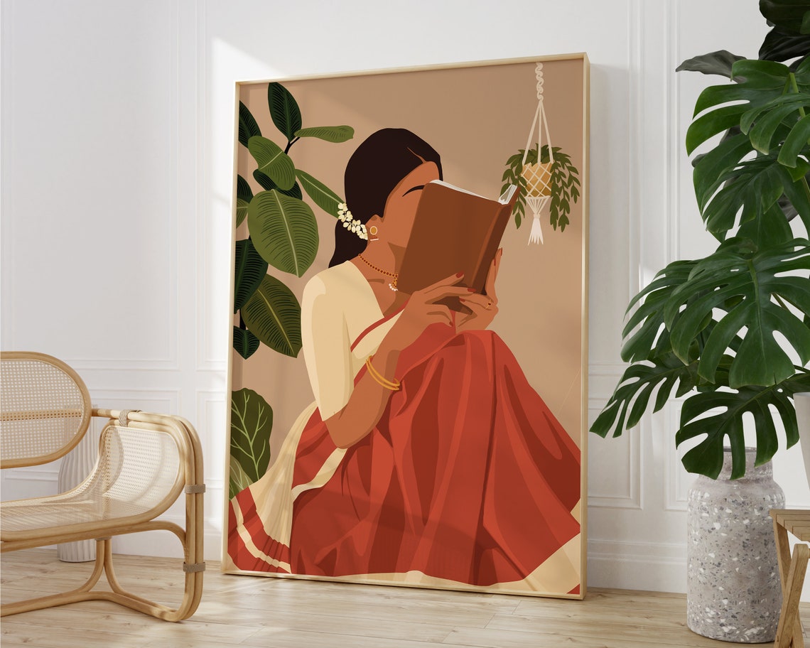 Indian Women In Saree Reading Book Art Boho Art Desi Art Indian Book Lovers Wall Art South Asian Art Indian Art Tamil Girl Brown Girl - Image 2
