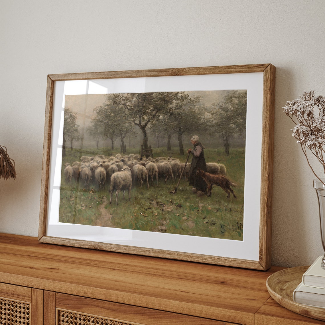 Shepherdess with Sheep Flock and Dog Pastoral Oil Painting Print - Image 3