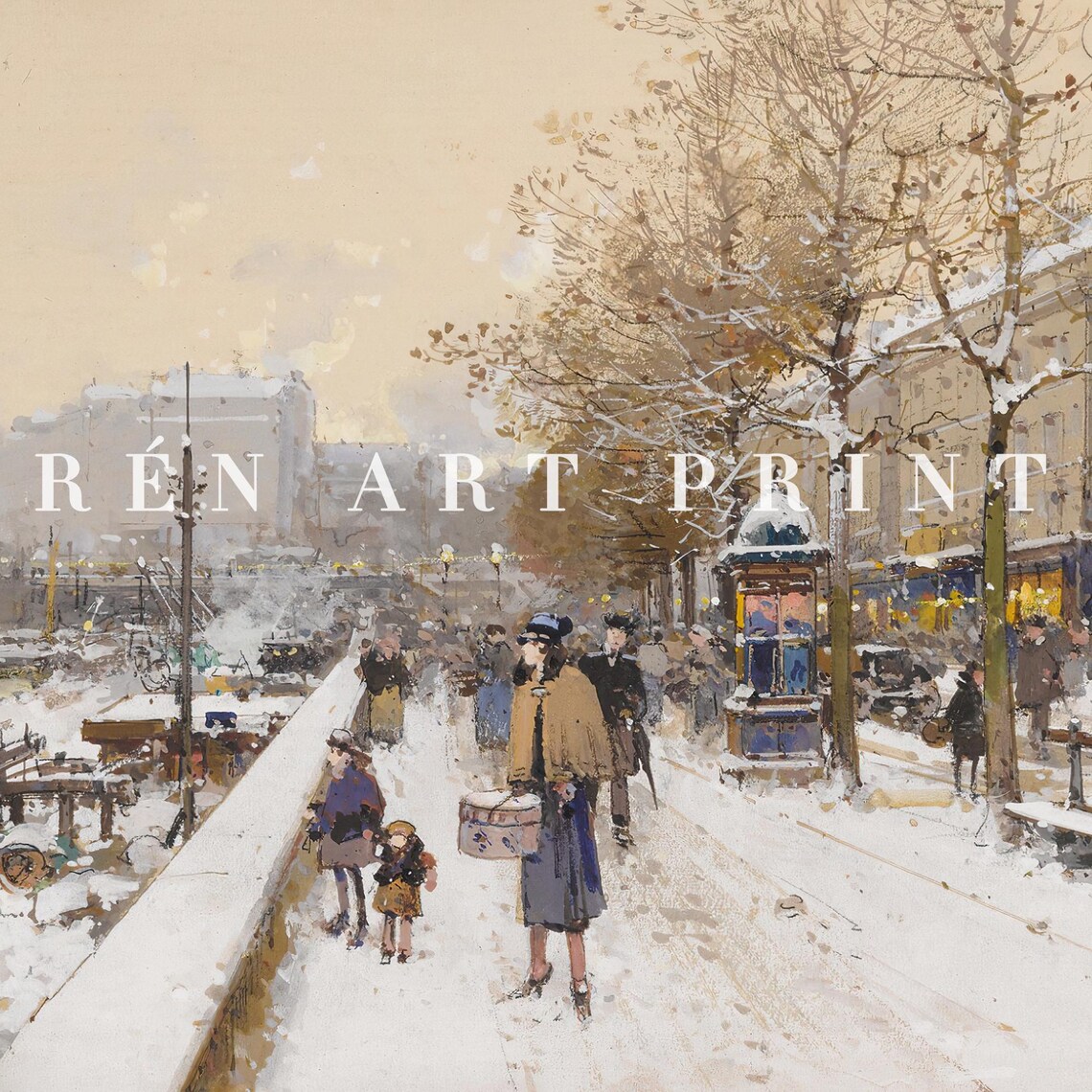 Snowy Paris Street Winter Scene with Shoppers Vintage Art Print