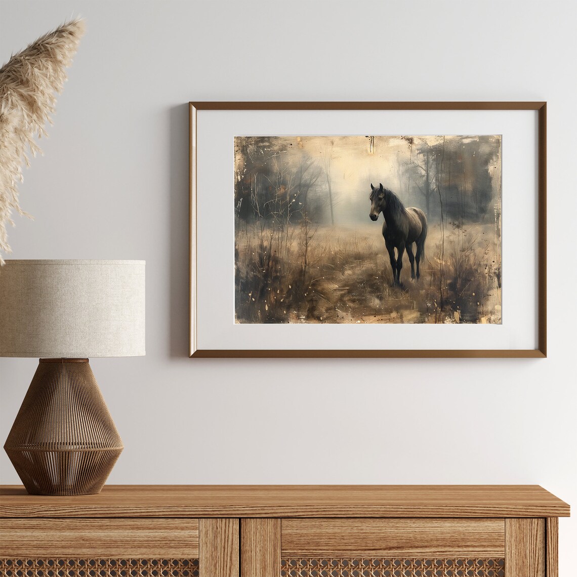 Dark Horse in Misty Autumn Field Rustic Vintage Equestrian Art Print - Image 3