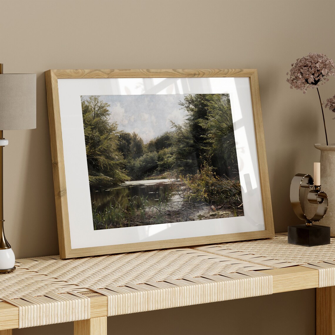 Woodland Pond Reflections Vintage Forest Landscape Oil Painting Print - Image 3
