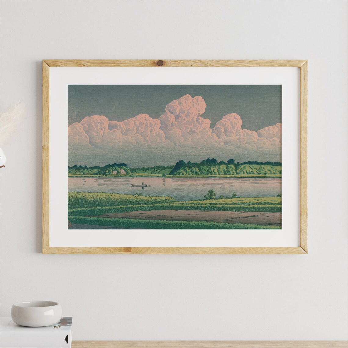 Japanese Woodblock Lake with Pink Clouds Vintage Style Art Print - Image 2
