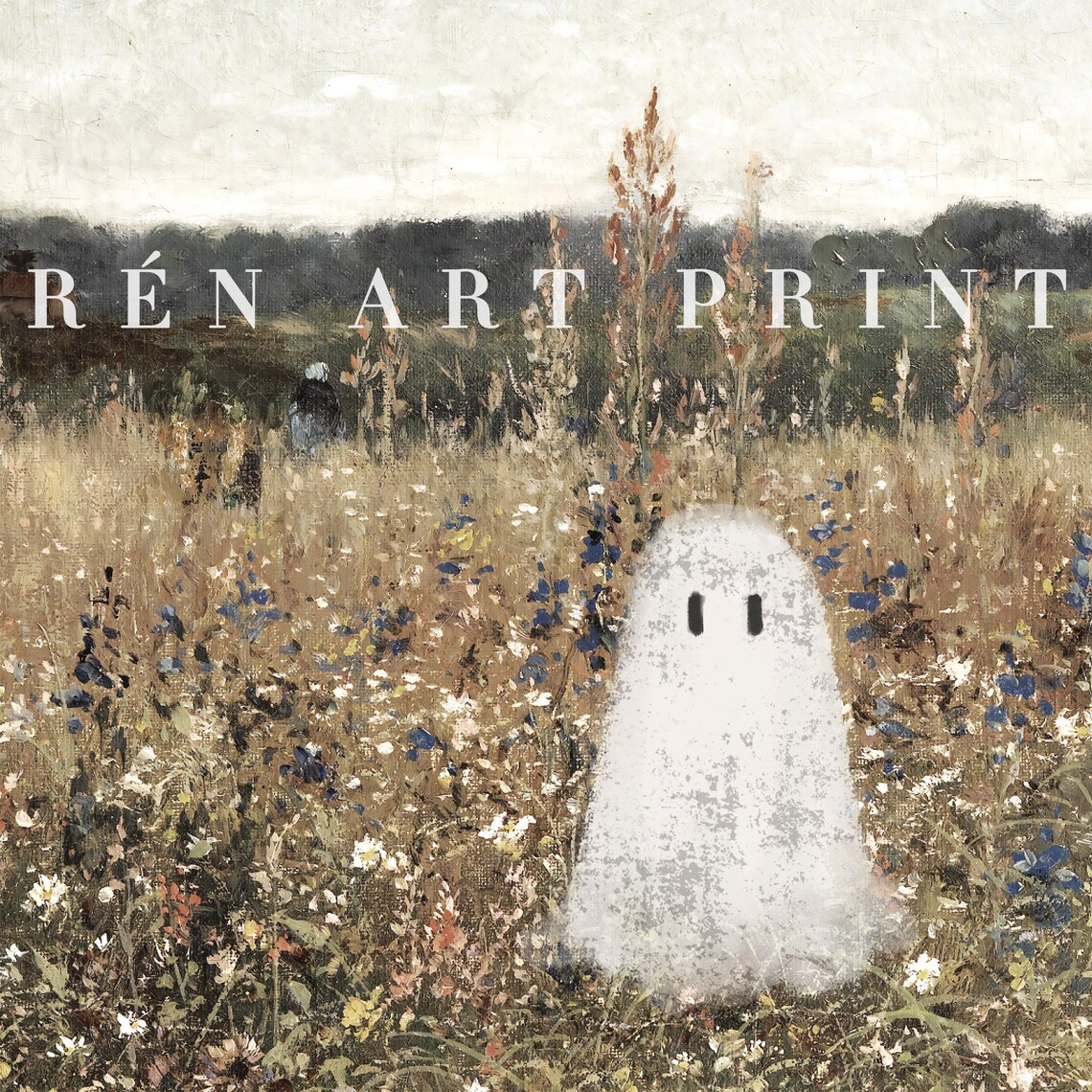 Cute Ghost on a Flower Meadow, Vintage Halloween Art Print - Image 3