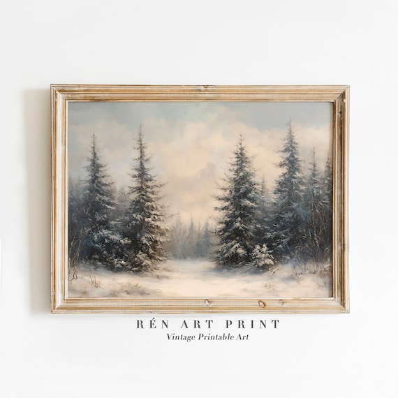 Vintage Winter Pine Tree Landscape Art Print