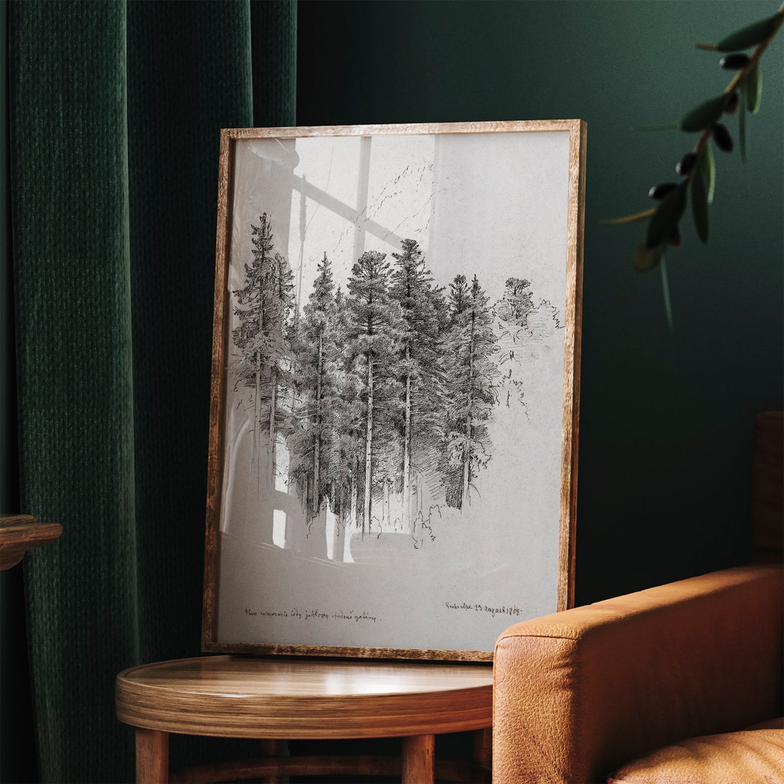 Pine Trees Pencil Sketch Study Vintage Black and White Drawing Print - Image 2