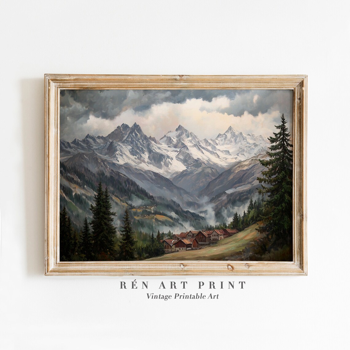 Snowy Alpine Mountain Valley Vintage Oil Painting Landscape Print