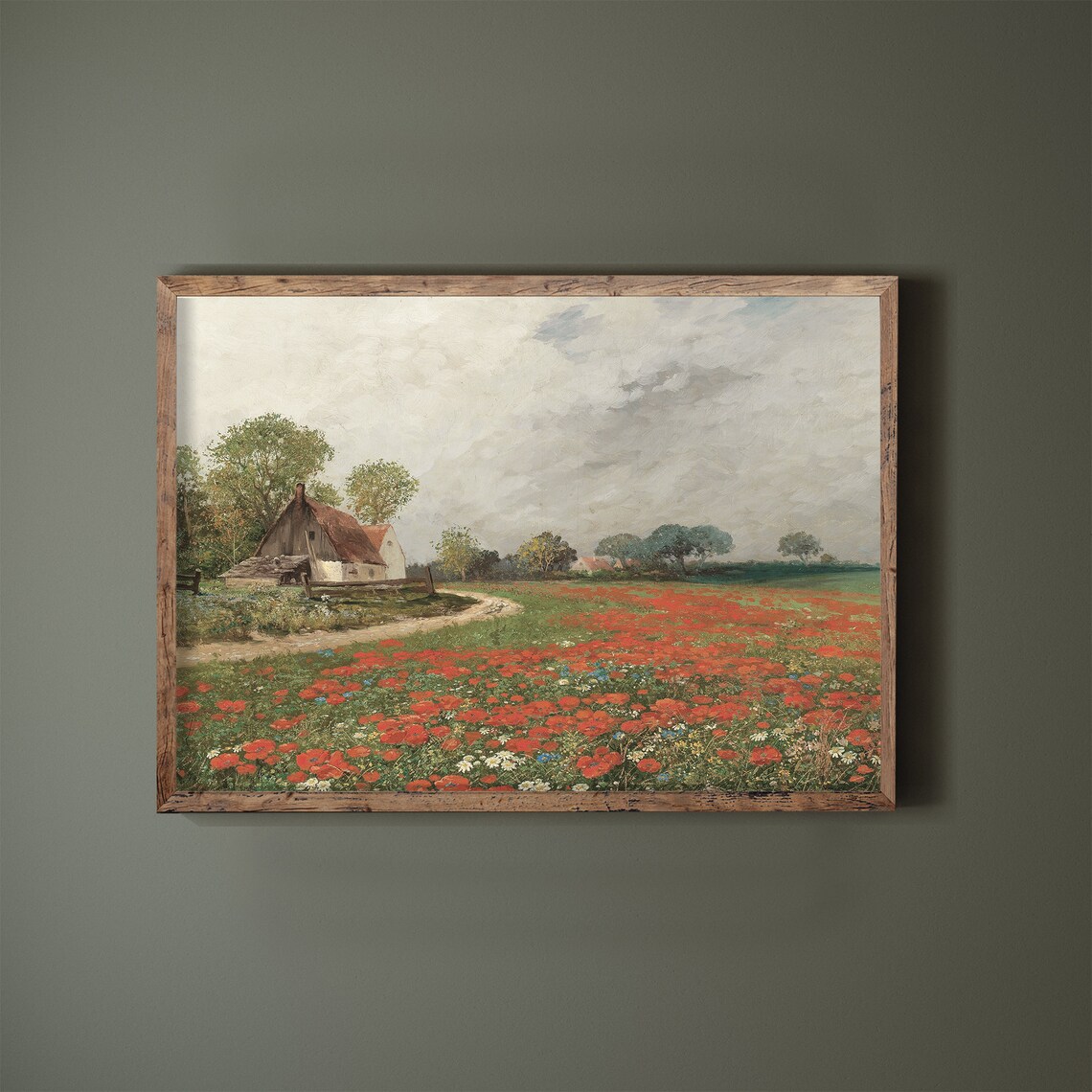 Cottage Red Poppy Field Summer Vintage Countryside Painting Art Poster - Image 2