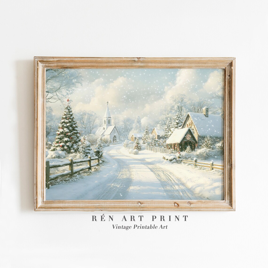 Vintage Christmas Village Art Print, Farmhouse Winter