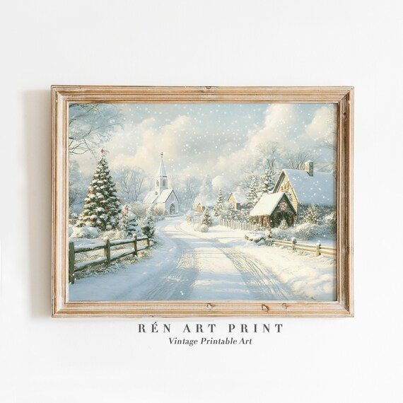 Vintage Christmas Village Art Print, Farmhouse Winter