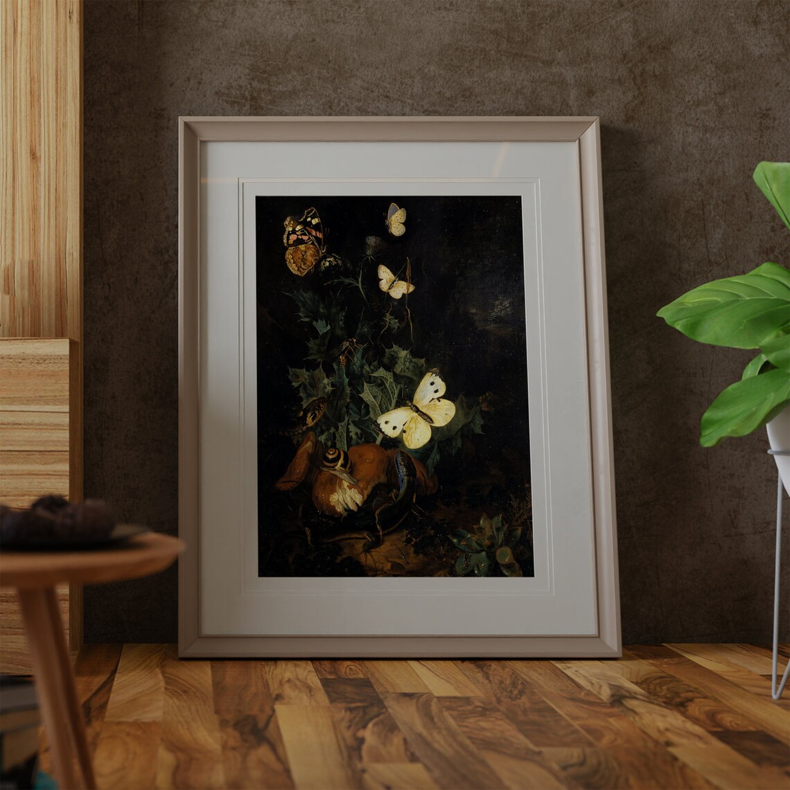 Dark Butterflies Snail Mushrooms Moody Antique Still Life Painting Poster Art - Image 2