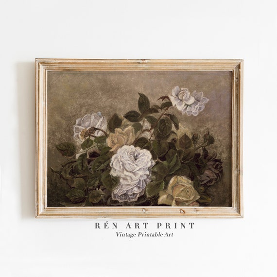 Vintage Flower Painting Wall Art White And Yellow Rosses Print Antique Still Life Painting Moody Floral Wall Art