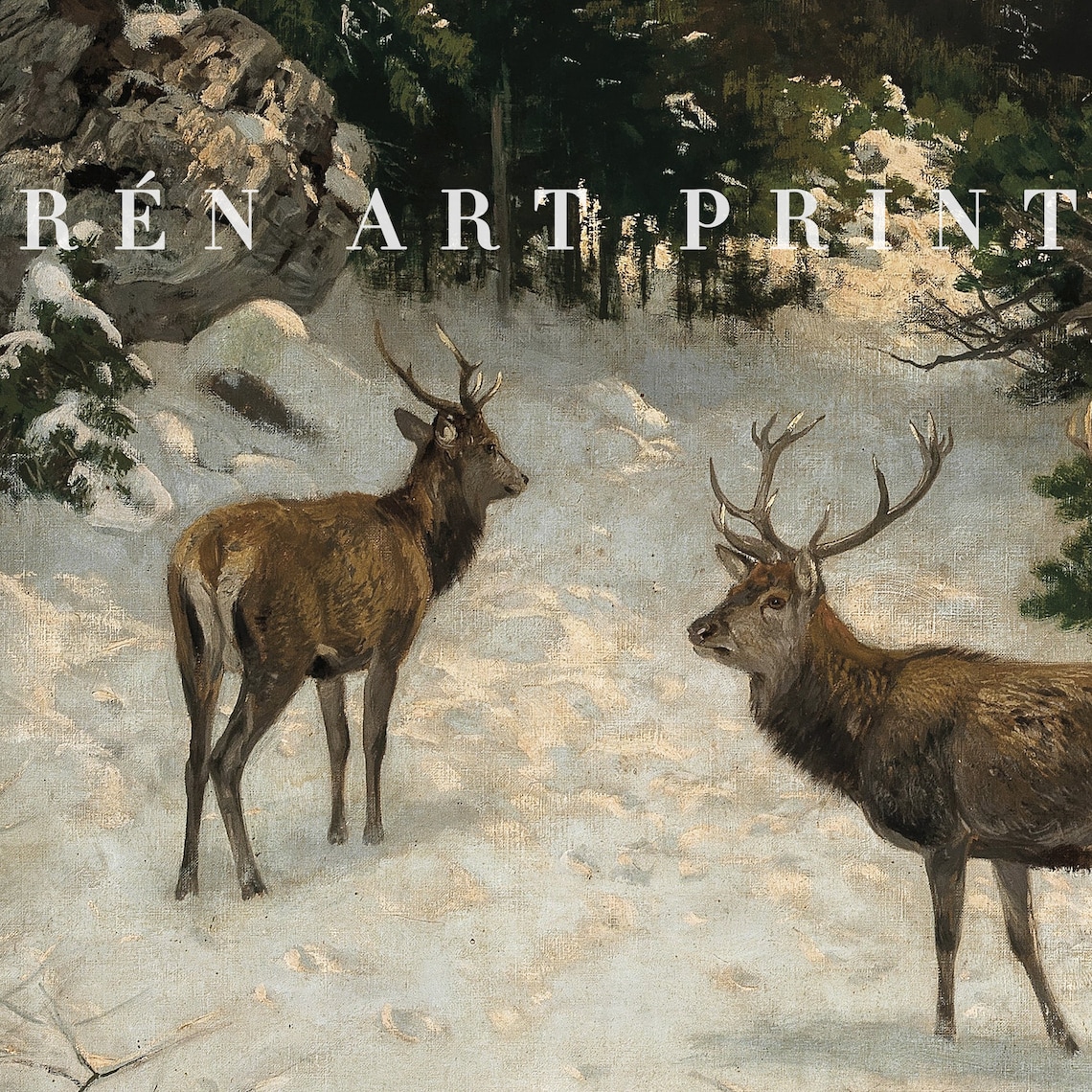 Vintage Reindeer Winter Mountain Art Print - Image 3