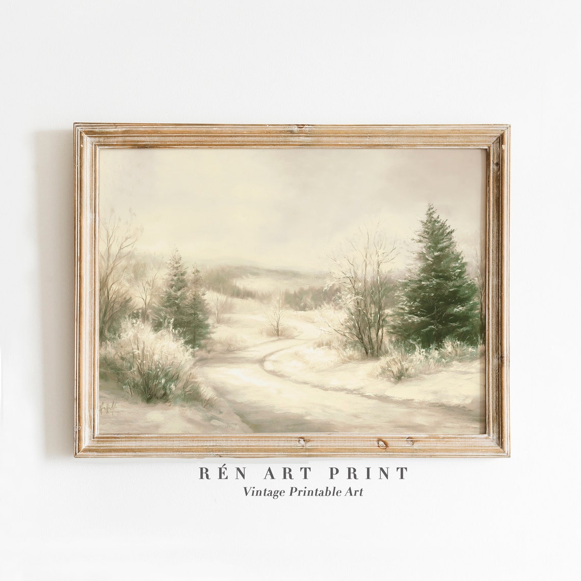 Snowy Forest Road Vintage Winter Pines Soft Neutral Landscape Poster
