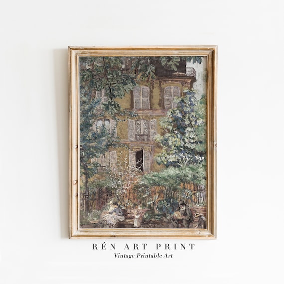 Old Townhouse Courtyard with Chestnut Trees Vintage European Art Print