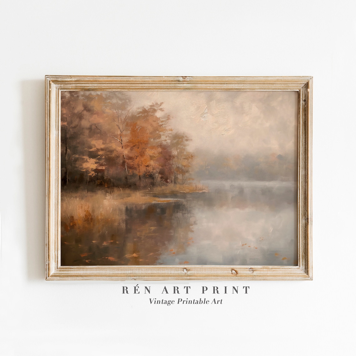 Vintage Autumn Lake Painting, Rustic Landscape Art Print
