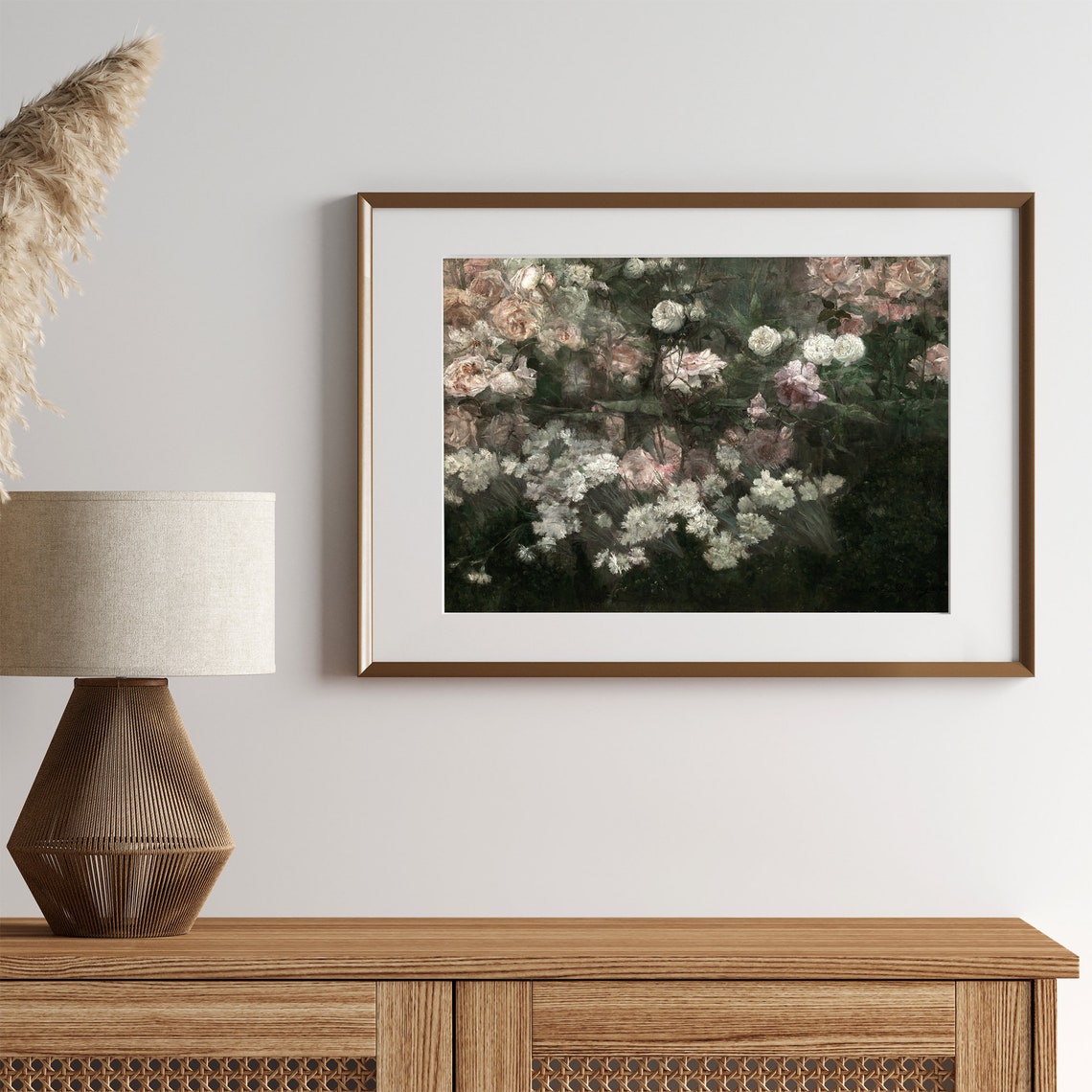 Moody Rose Garden Vintage Pink White Roses Dark Floral Oil Poster - Image 2