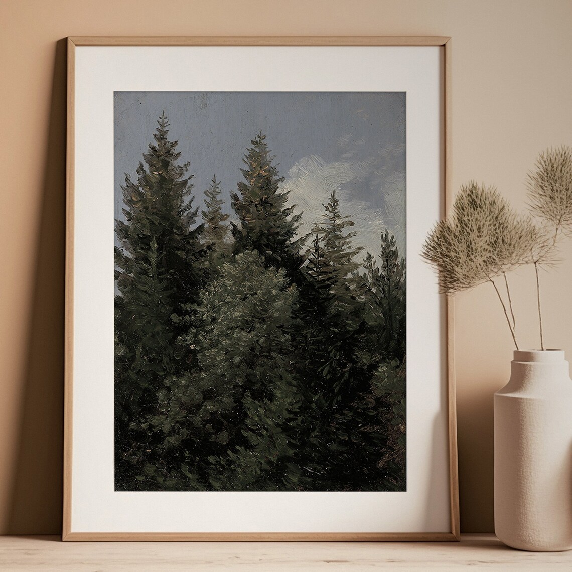 Dark Moody Pine Trees Vintage Oil Painting Evergreen Art Print - Image 3