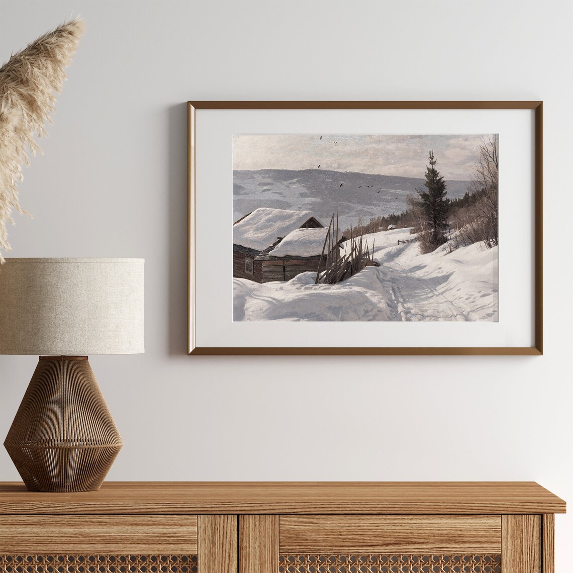 Snowy Log Cabin Vintage Winter Hillside Birds Mountain View Poster - Image 2