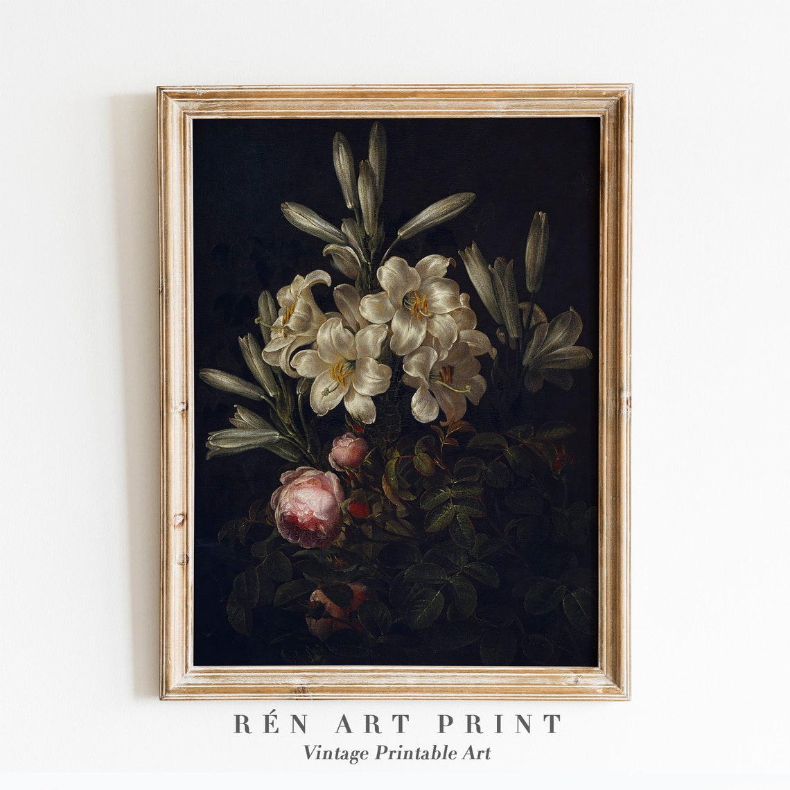 White Lilies Pink Roses Dark Floral Still Life Vintage Print