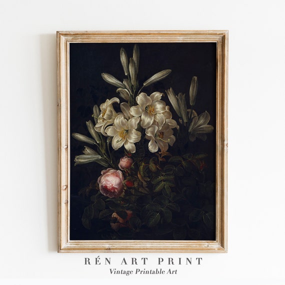 Dark Flower Painting Art Moody Floral Wall Art Dark Academia Print Moody Painting Victorian Wall Art Vintage Print