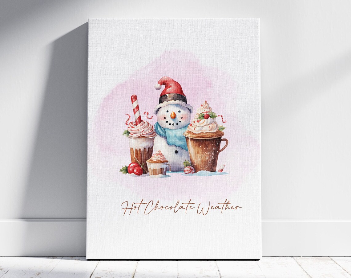 Snowman Hot Chocolate Weather Watercolor Christmas Kitchen Wall Art